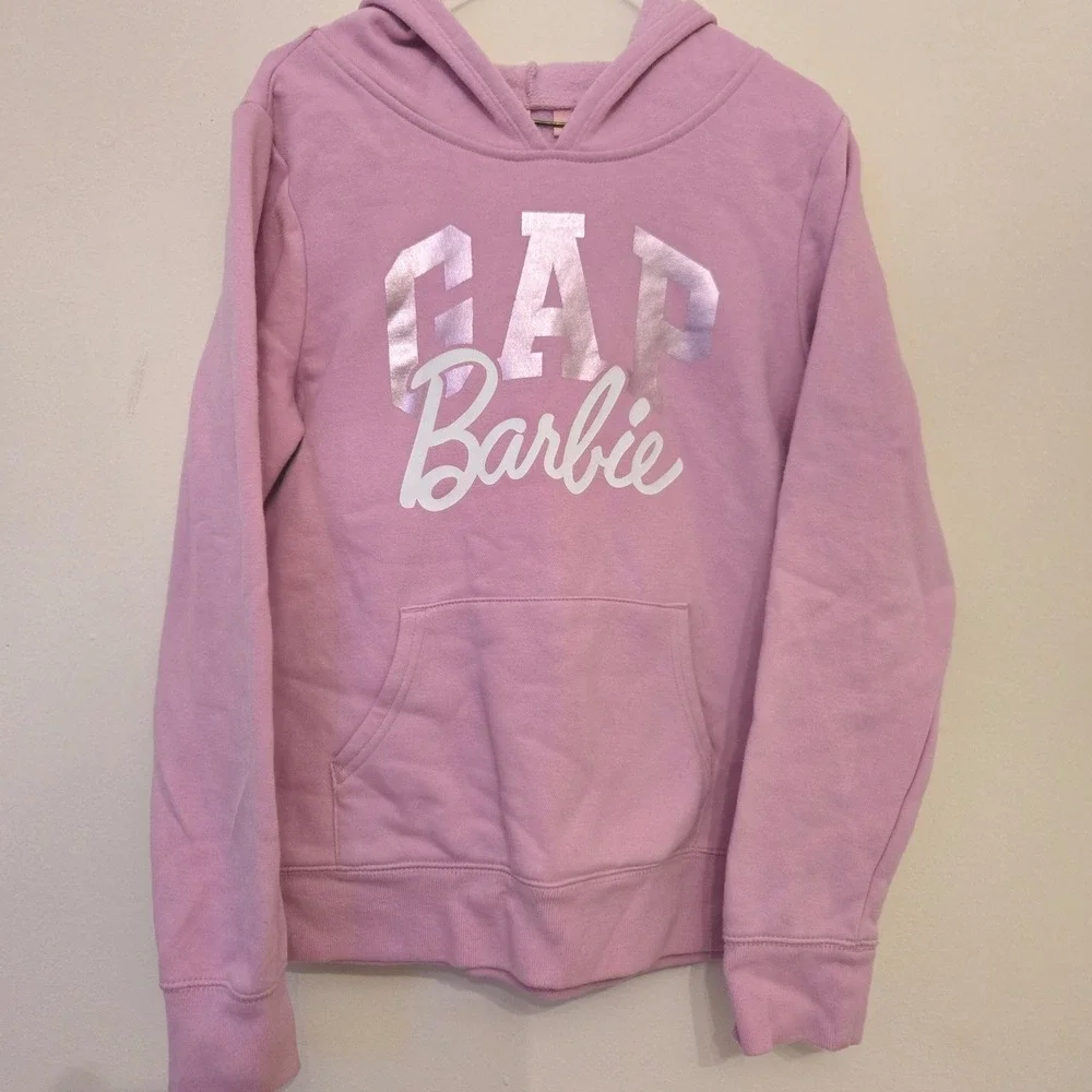Gap Kids Barbie Logo Hoodie Pink Metallic‎ Foil Sweatshirt XL Kids